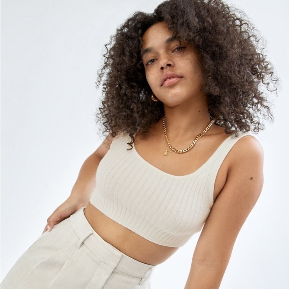 Wilfred Manila Cropped Ribbed Knit Crop Top Light Birch Cream Size Medium